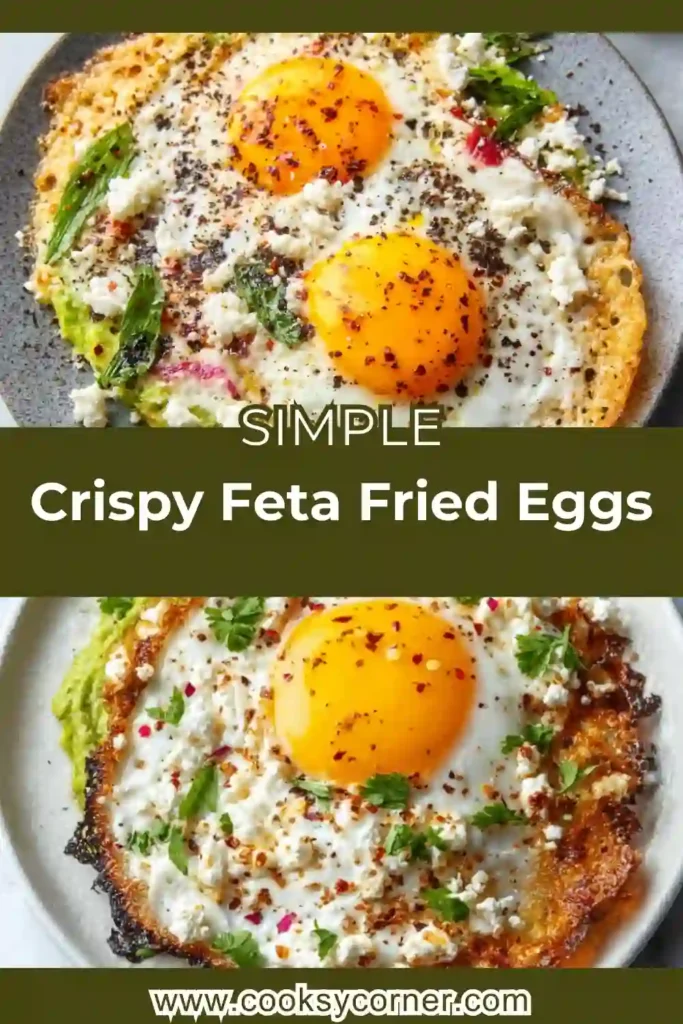 Crispy Feta Fried Eggs cooked in a skillet with golden feta crust and a soft yolk. Served on a tortilla with avocado and pickled onions.