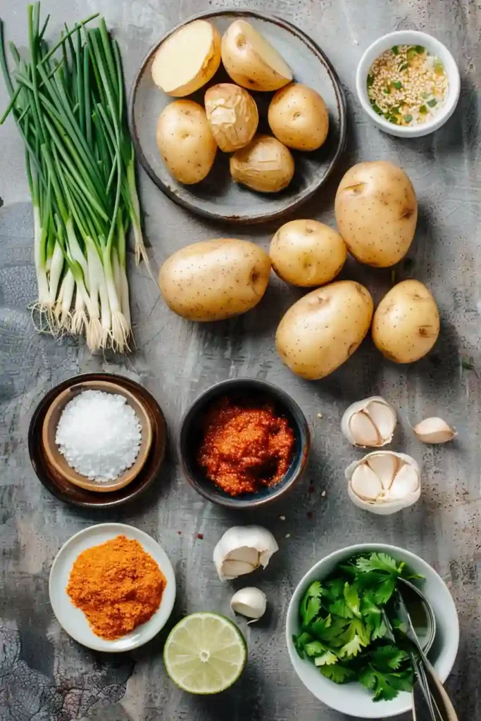 Korean-inspired crispy potato salad served on a platter.