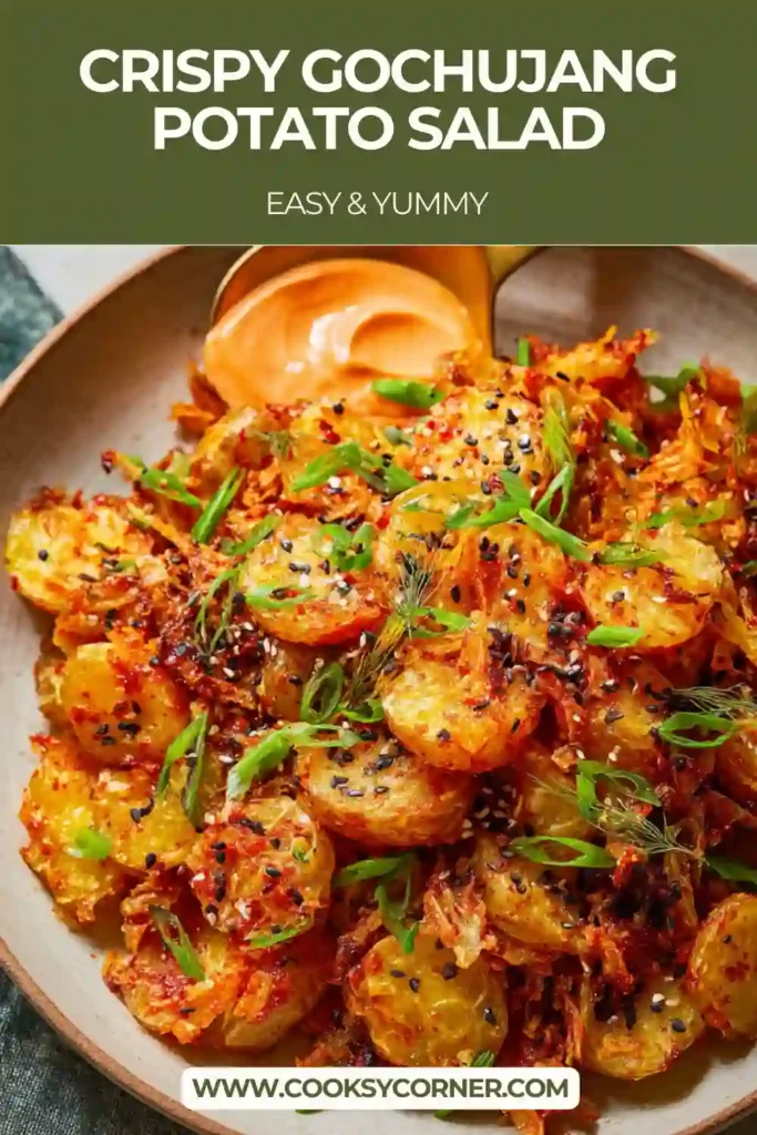 Close-up of crispy smashed potatoes coated in gochujang mayo and herbs.