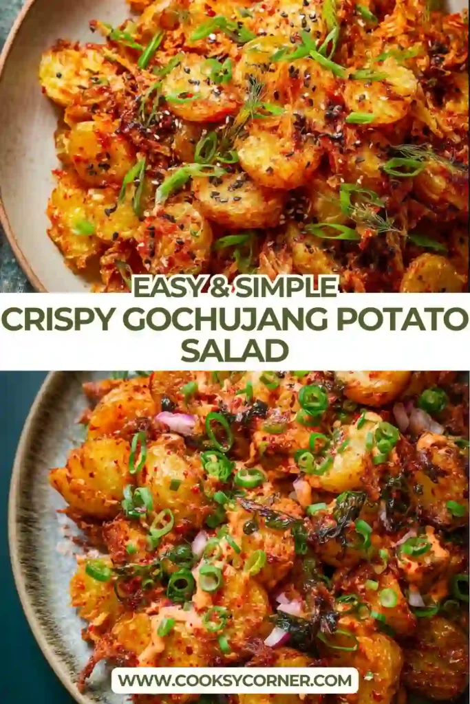 Crispy gochujang potato salad with smashed potatoes and creamy spicy dressing.