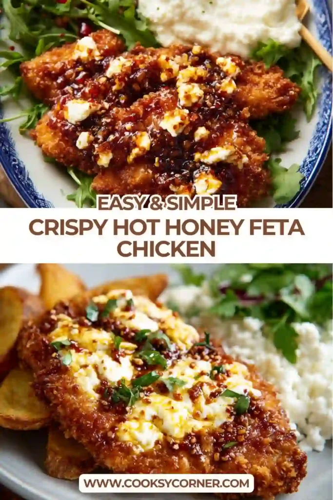 Pan-fried crispy chicken with feta and spicy honey glaze served on a plate.