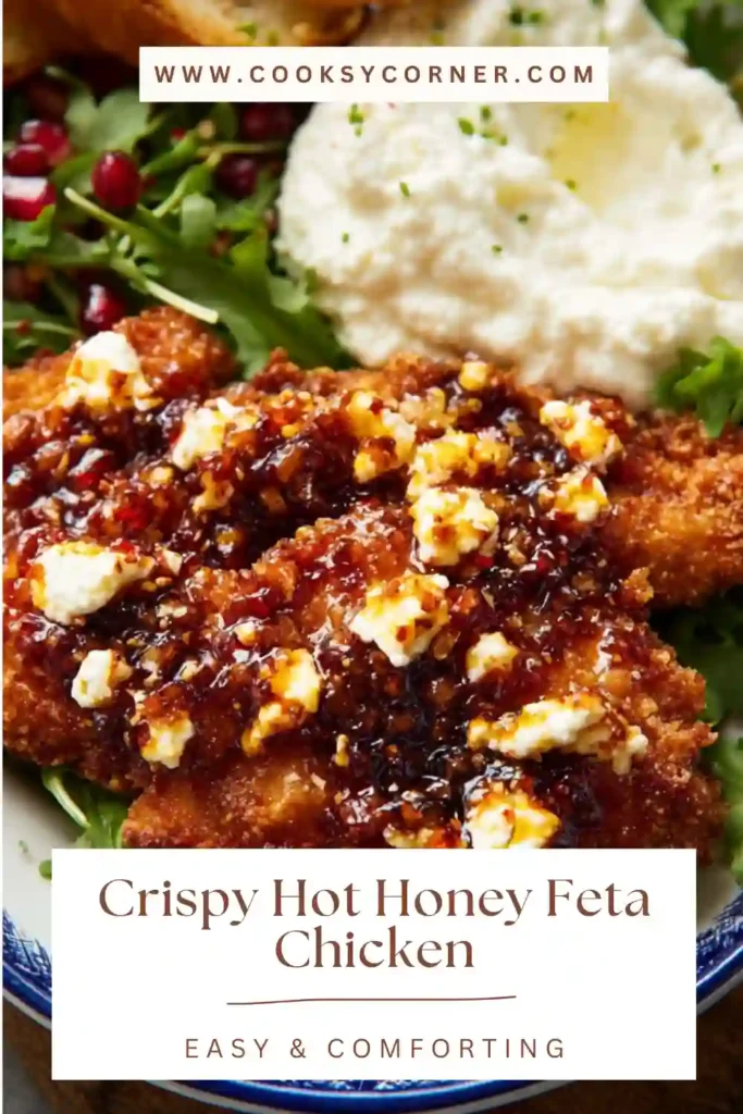 Crispy hot honey feta chicken topped with melted feta and drizzled with honey. The chicken looks golden and crunchy.