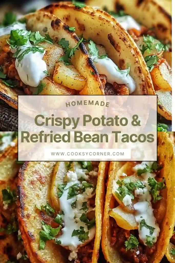 Crispy Potato & Refried Bean Tacos served in warm tortillas with avocado, lettuce, and tomatoes. The tacos are golden, colorful, and freshly assembled.