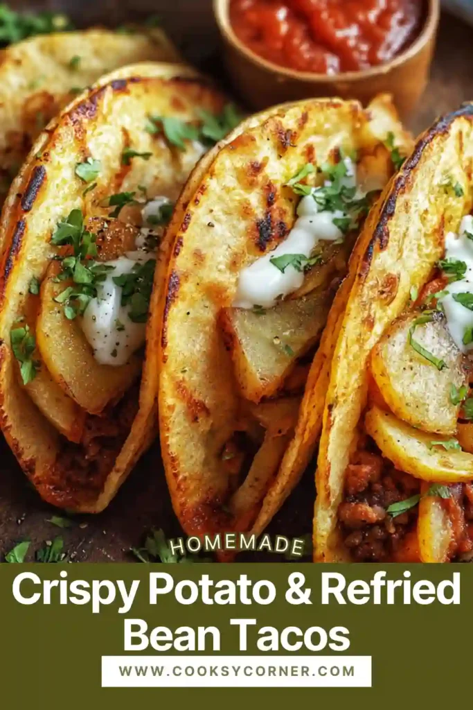 Close-up of crispy potato and refried bean tacos topped with cilantro and lime. A hearty vegetarian taco recipe ideal for dinner.