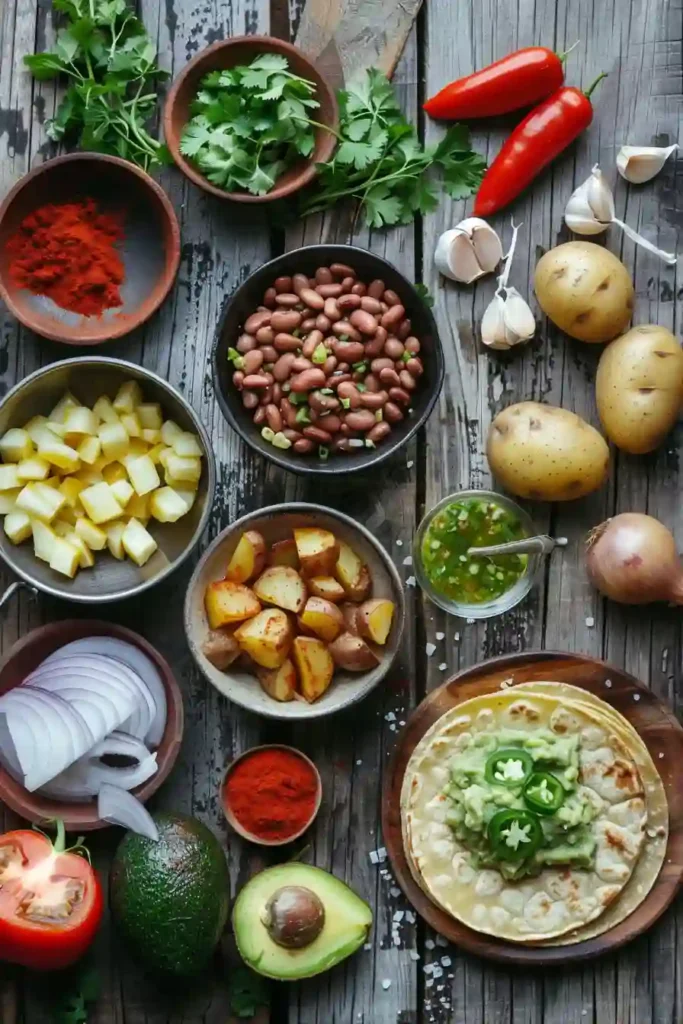 Vegetarian tacos filled with seasoned potatoes and refried beans, garnished with fresh vegetables and herbs.