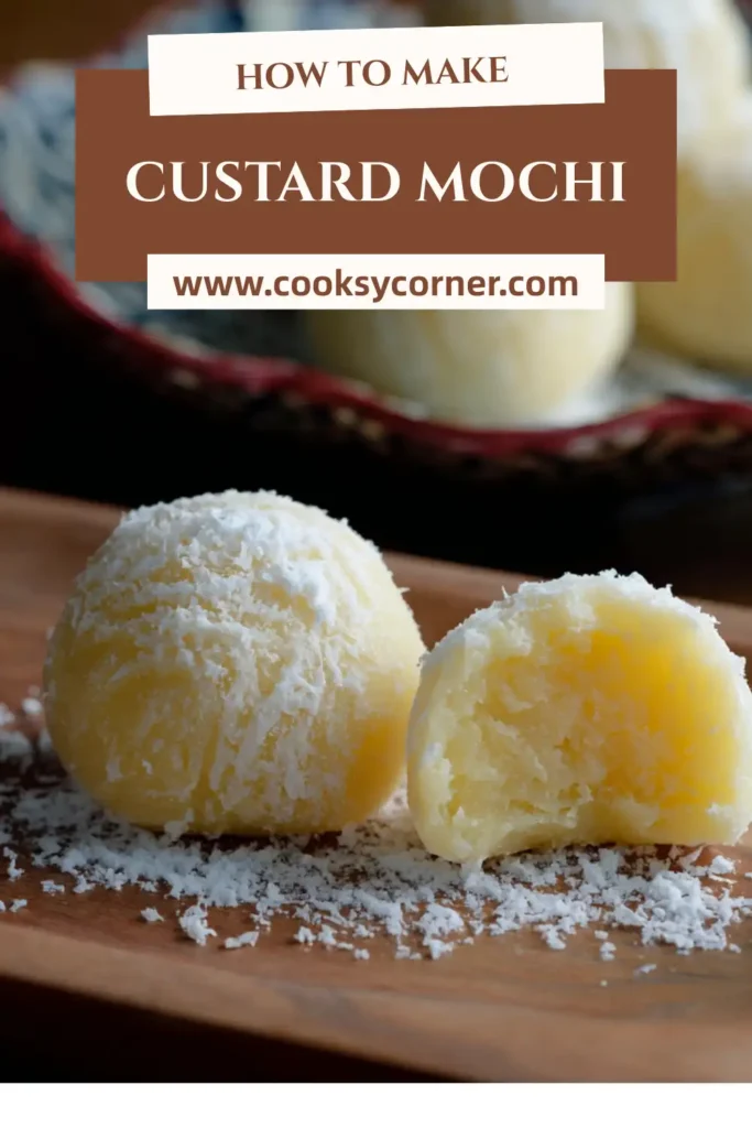 Homemade custard-filled mochi dusted lightly with starch.