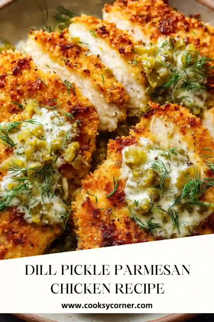 Close-up of Parmesan crusted dill pickle chicken breast showing crispy texture and tender interior.