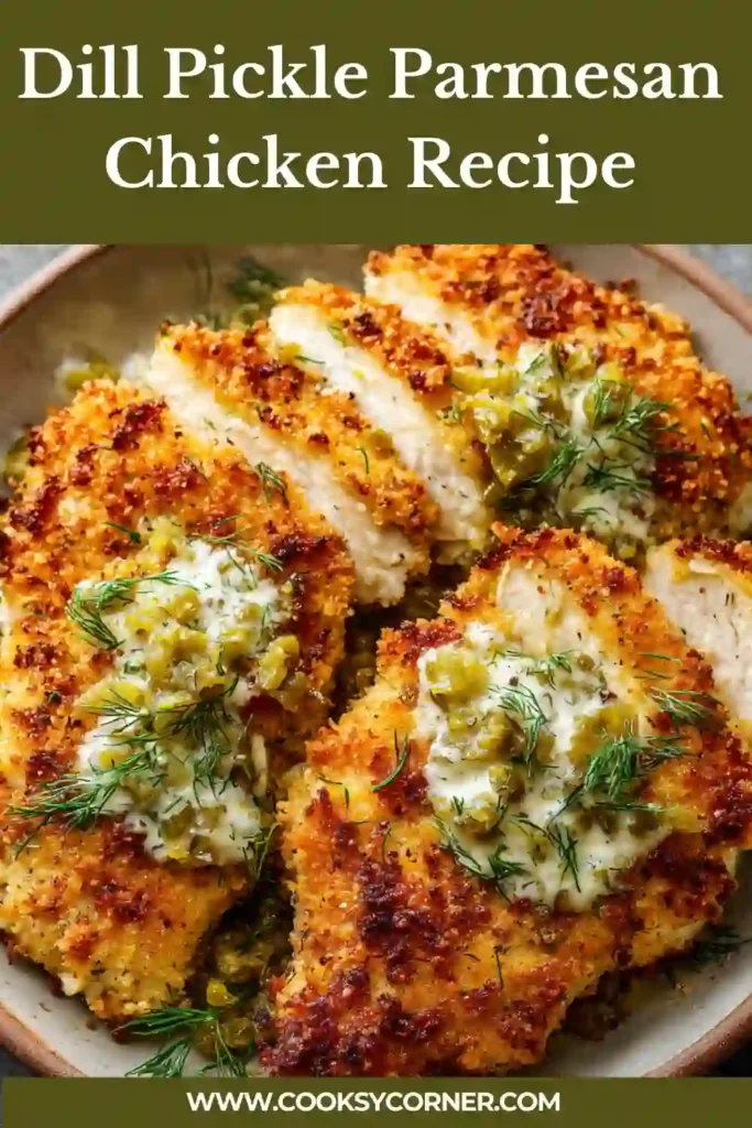 Dill Pickle Parmesan Chicken Recipe served with a golden crispy crust and fresh dill garnish. The chicken looks juicy with melted Parmesan topping.