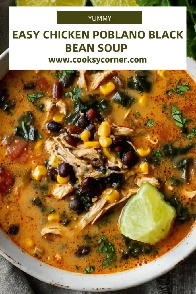 Small batch chicken poblano black bean soup with visible chunks of chicken and peppers.