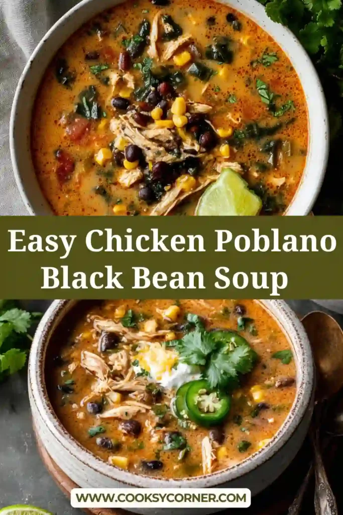 Easy Chicken Poblano Black Bean Soup served in a bowl with cilantro garnish and creamy broth.