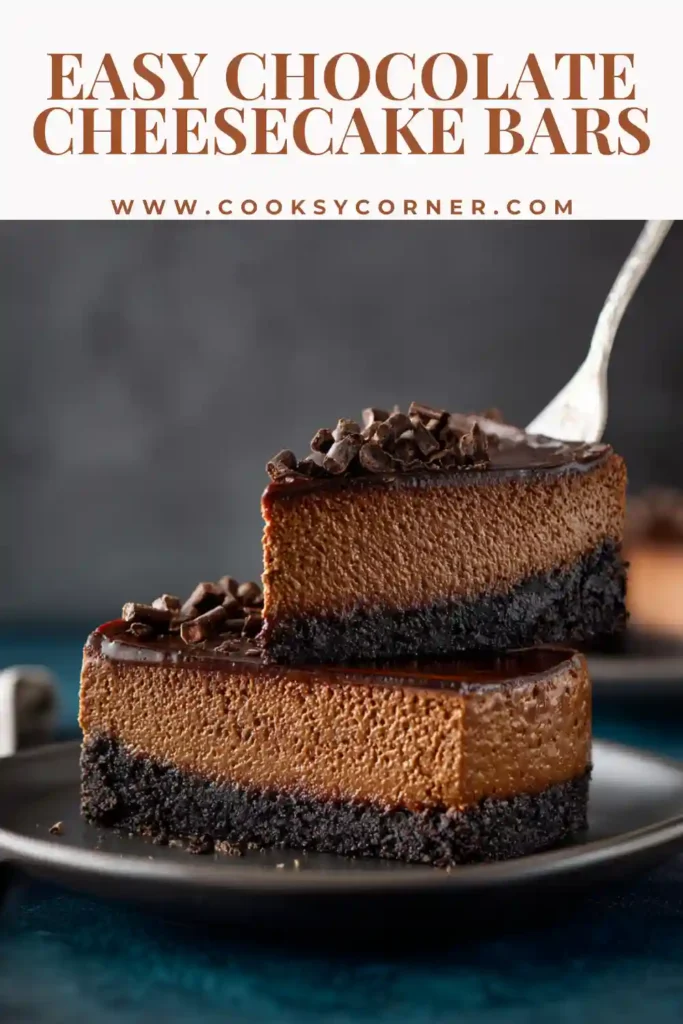 Close-up of easy chocolate cheesecake bars showing smooth texture and cookie crust.