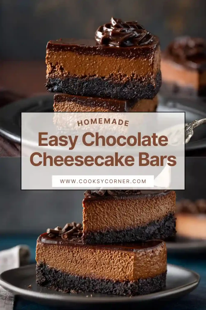 Chocolate cheesecake bars with rich ganache and creamy center on a dessert plate.
