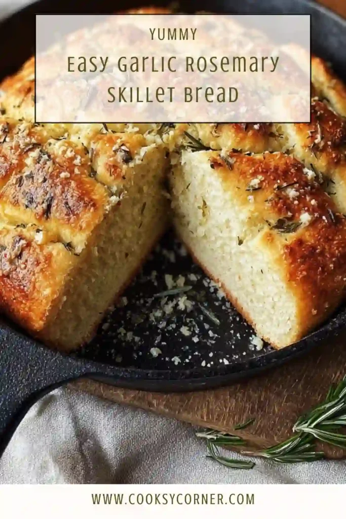 Skillet bread topped with garlic and rosemary, fresh from the oven.