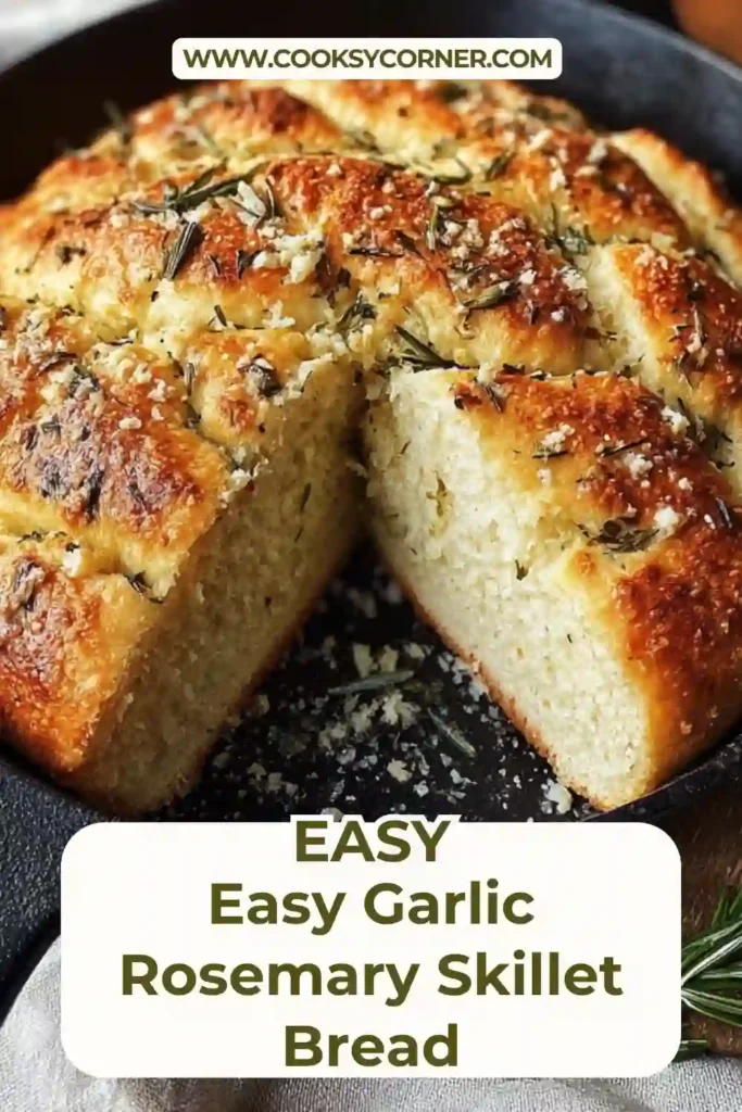 Easy Garlic Rosemary Skillet Bread baked golden in a cast iron skillet with olive oil and herbs.