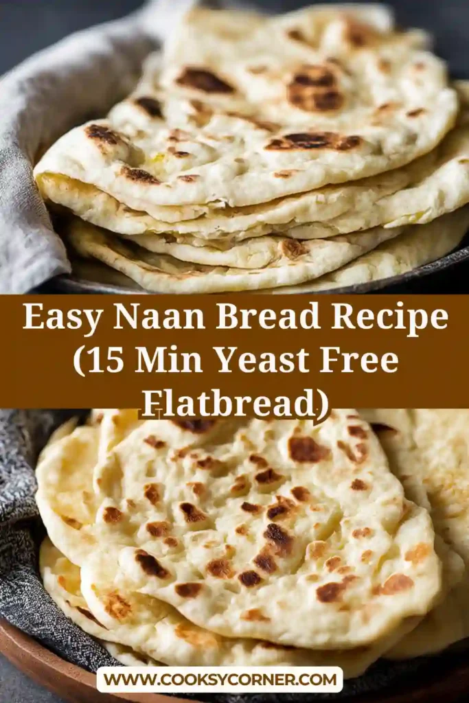 Easy naan bread cooked on a skillet with golden spots and soft texture.
