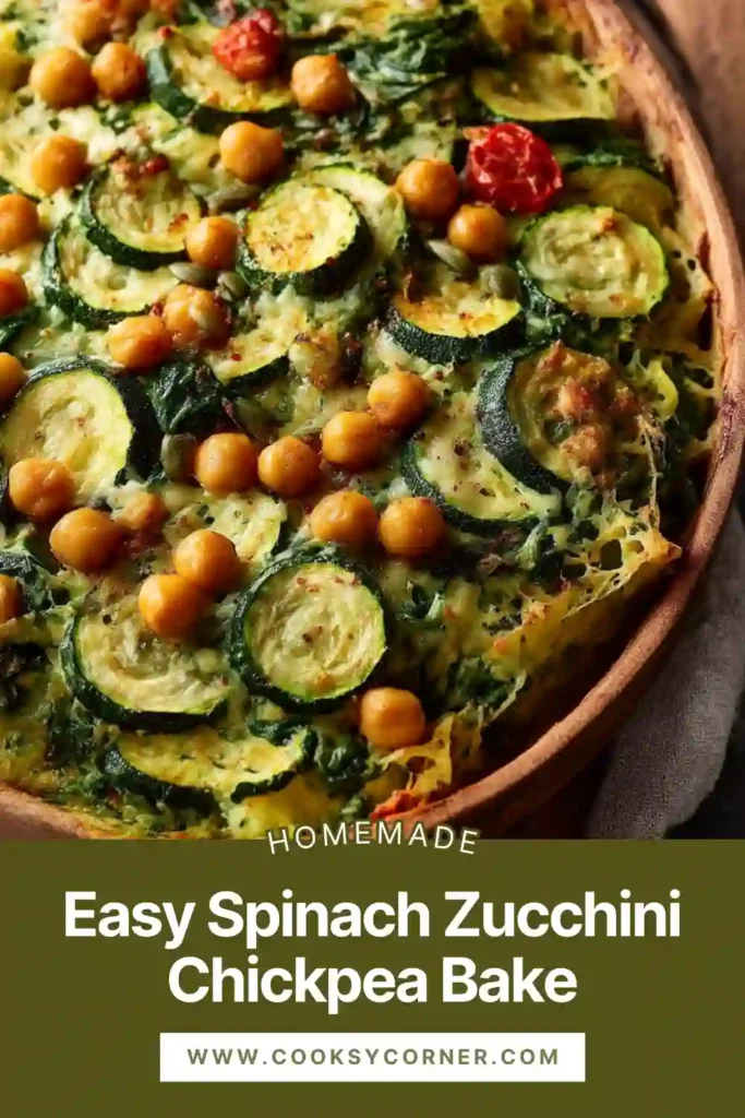 Baked chickpeas with zucchini and spinach in a casserole dish.