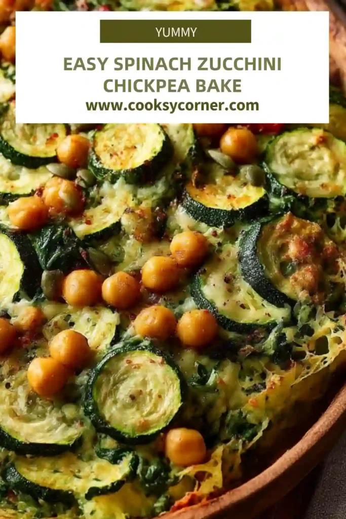 Spinach zucchini chickpea bake with melted cheese and marinara sauce.