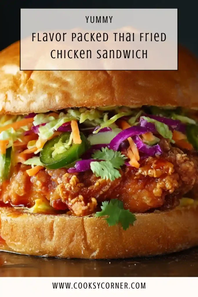Thai-inspired fried chicken sandwich served on a plate with fresh herb garnish.