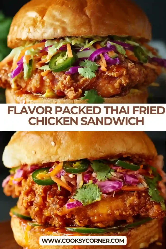 Close-up of Thai fried chicken sandwich showing golden crispy coating and creamy chili sauce.