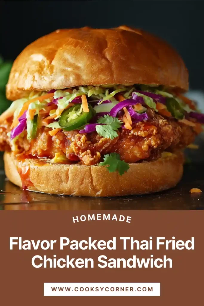 Flavor-Packed Thai Fried Chicken Sandwich with crispy fried chicken, cucumber, pickled carrots, and fresh herbs on a toasted bun.