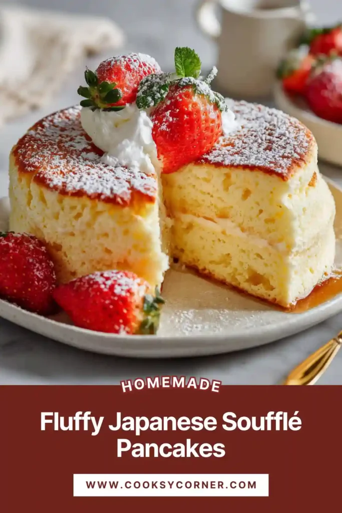 Tall fluffy soufflé pancakes cooked slowly in a pan, highlighting their cloud-like texture.