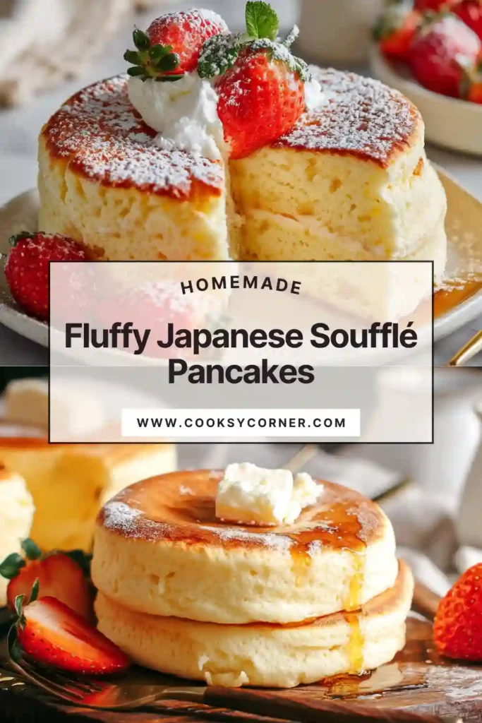 Close-up of Japanese soufflé pancakes showing airy interior and pillowy softness with powdered sugar on top.