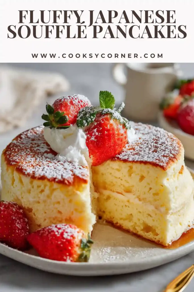 Fluffy Japanese soufflé pancakes stacked tall with a soft, jiggly texture and light golden color, served fresh for breakfast or brunch.