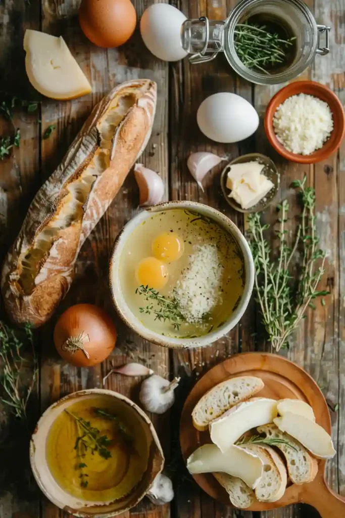 French Garlic Soup made with garlic, broth, eggs, and Parmesan, served with golden crostinis.