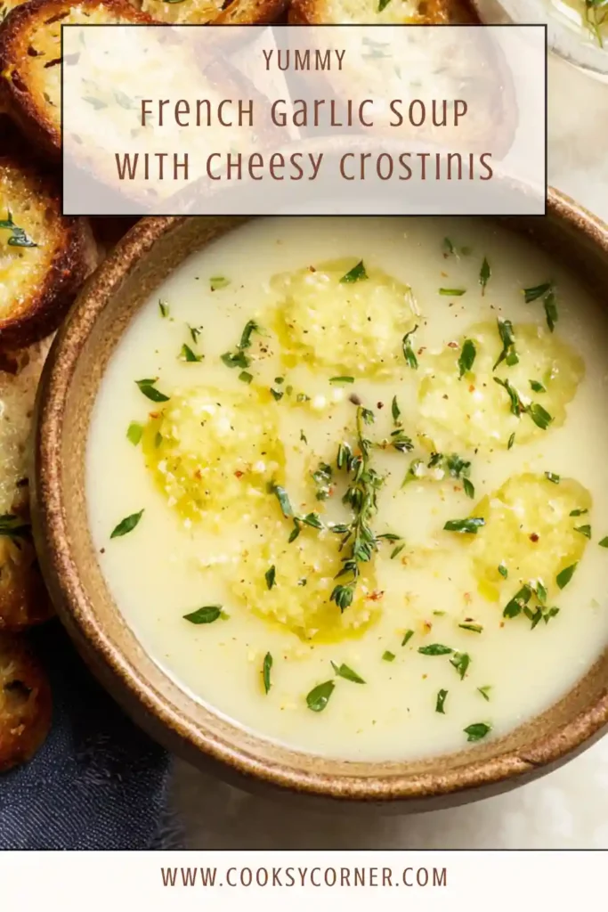 A close-up of French Garlic Soup topped with crostinis and grated Parmesan. A comforting and classic French soup.