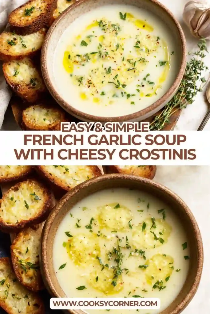 French Garlic Soup served in a bowl with cheesy crostinis on the side. The soup is creamy, pale golden, and smooth.
