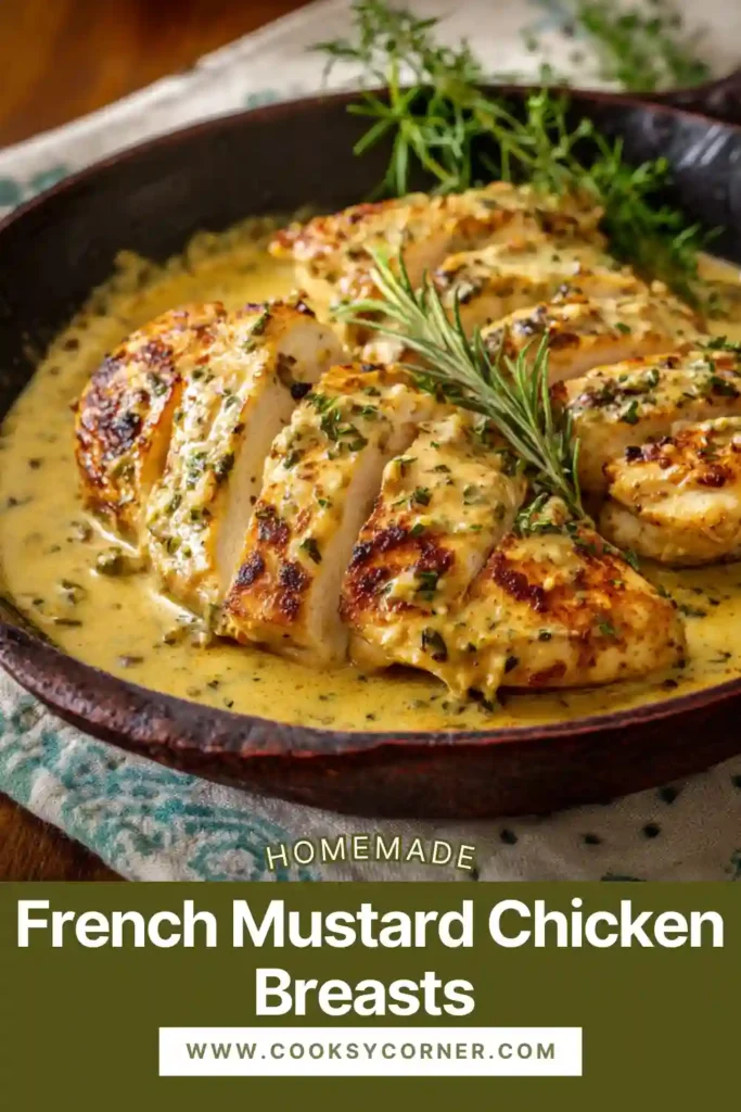 Poulet à la moutarde cooked in a skillet with herbs.