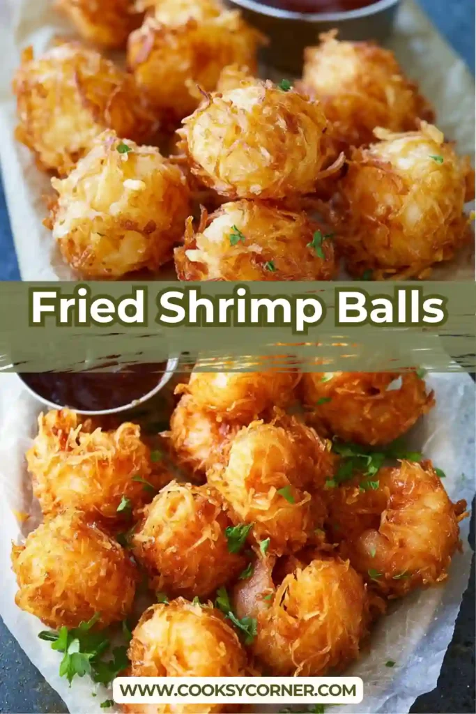 Close-up of golden fried shrimp balls with crunchy texture.