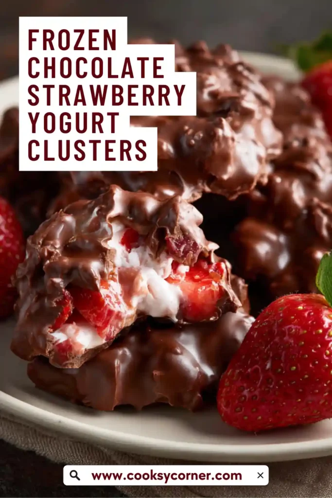 Homemade Frozen Chocolate Strawberry Yogurt Clusters stacked on a plate, highlighting fresh strawberries and smooth chocolate coating.