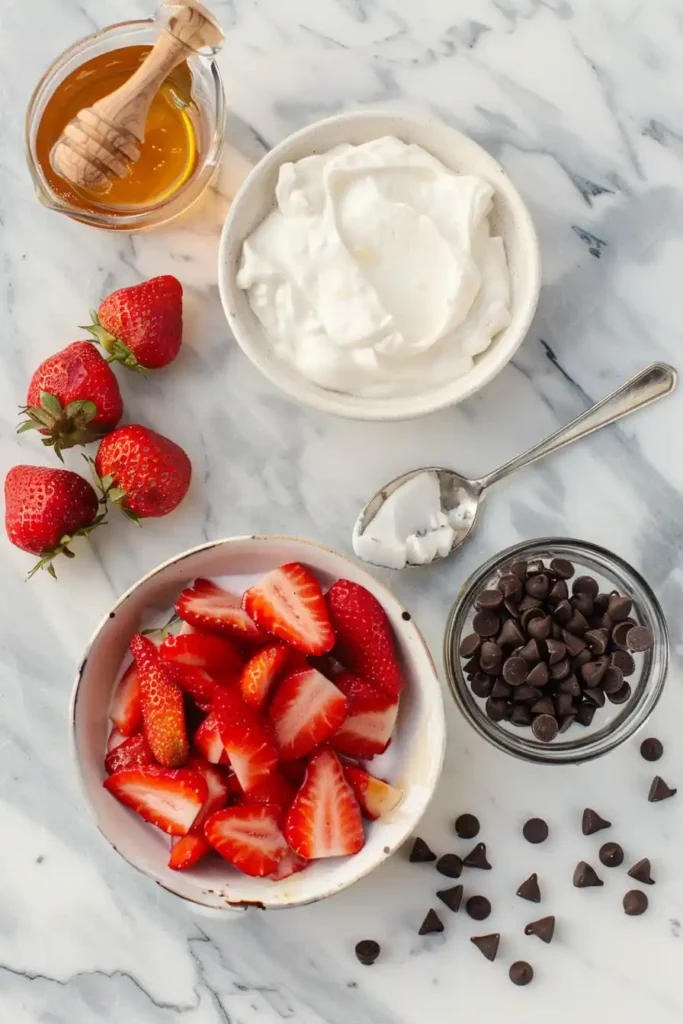 Frozen Chocolate Strawberry Yogurt Clusters ready to eat, made with Greek yogurt and dipped in chocolate.