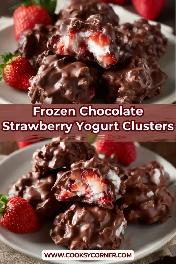 Close-up of frozen chocolate strawberry yogurt clusters showing creamy yogurt centers and crisp chocolate shells.