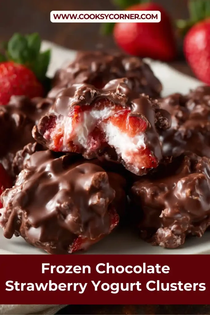 Frozen Chocolate Strawberry Yogurt Clusters on parchment paper with a glossy chocolate coating and visible strawberry pieces. A creamy and crunchy frozen yogurt dessert.