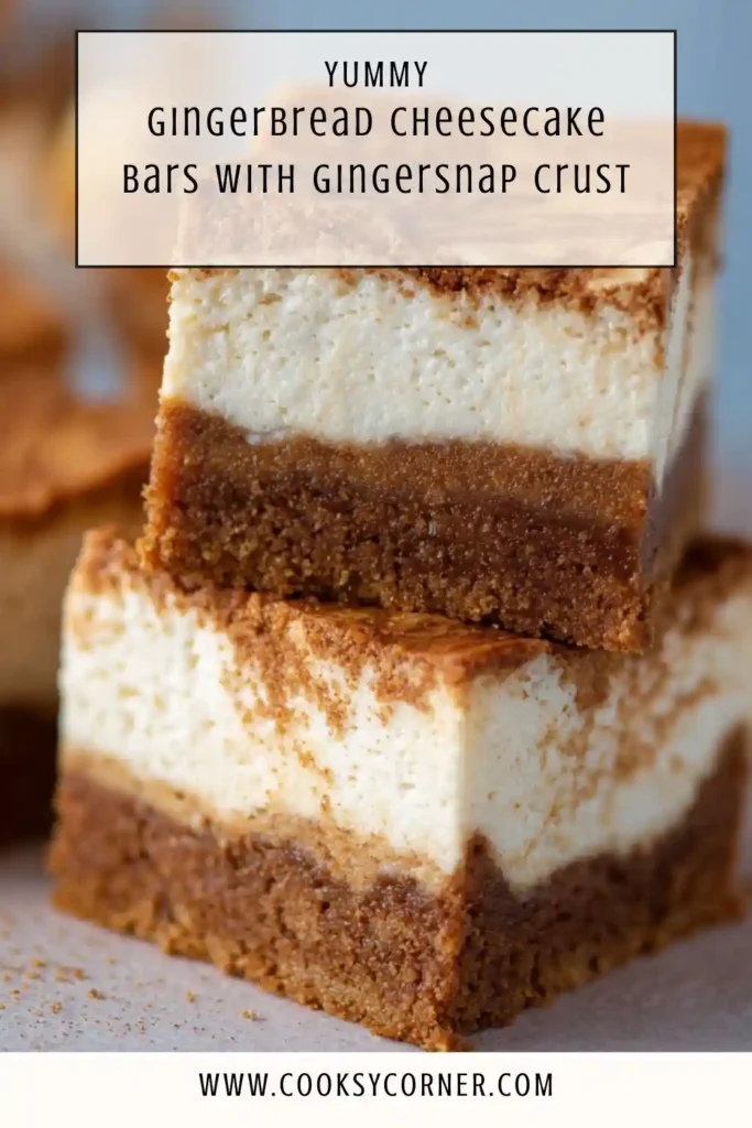 Close-up of creamy gingerbread cheesecake bars showing spiced filling and crunchy gingersnap base.