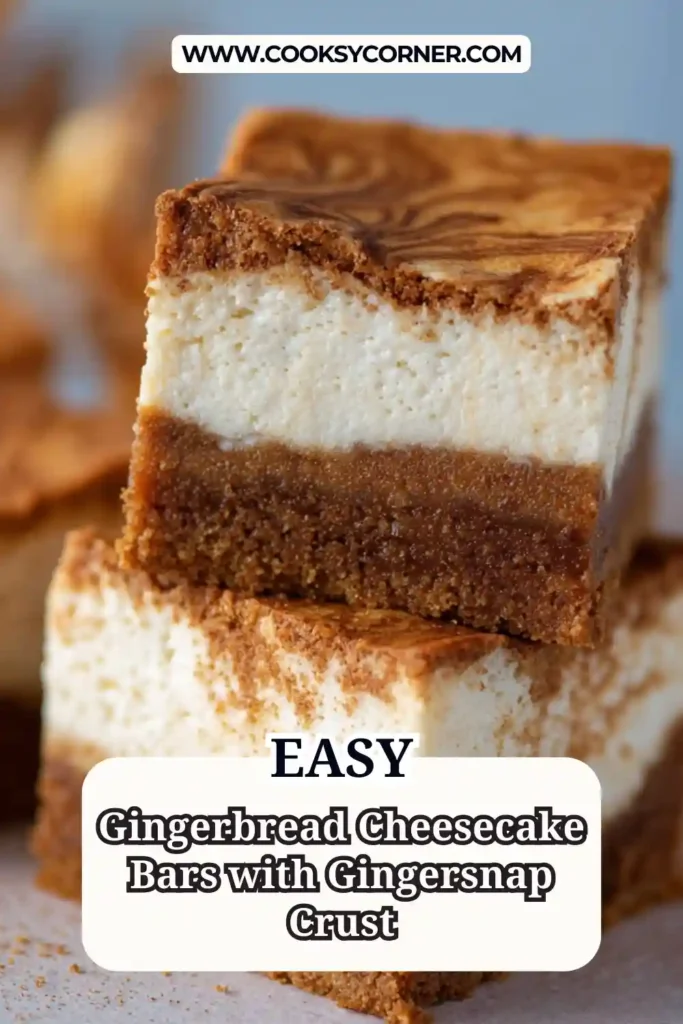 Gingerbread cheesecake bars with gingersnap crust topped with whipped cream and cookie crumbs, sliced and ready to serve.