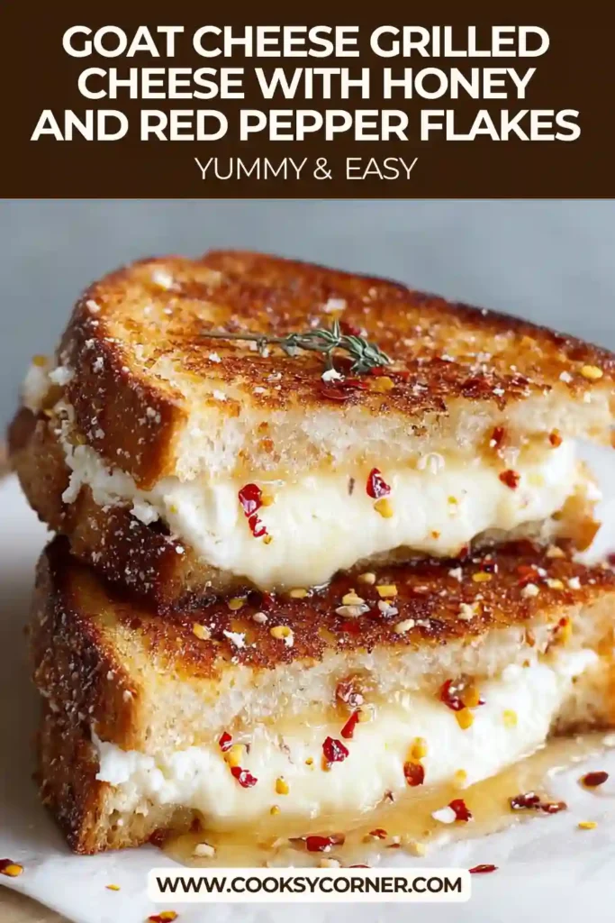 Close-up of goat cheese grilled cheese with honey and red pepper flakes, highlighting the melted cheese and crisp texture.