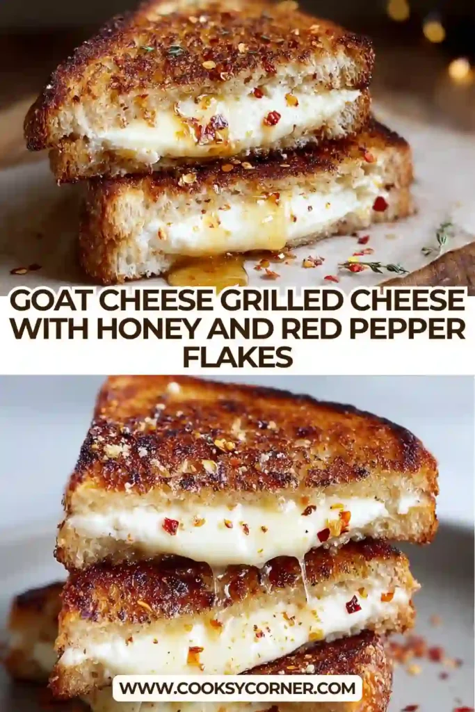 Sweet and spicy grilled cheese made with goat cheese, white cheddar, and honey. Crispy bread and creamy filling are visible.