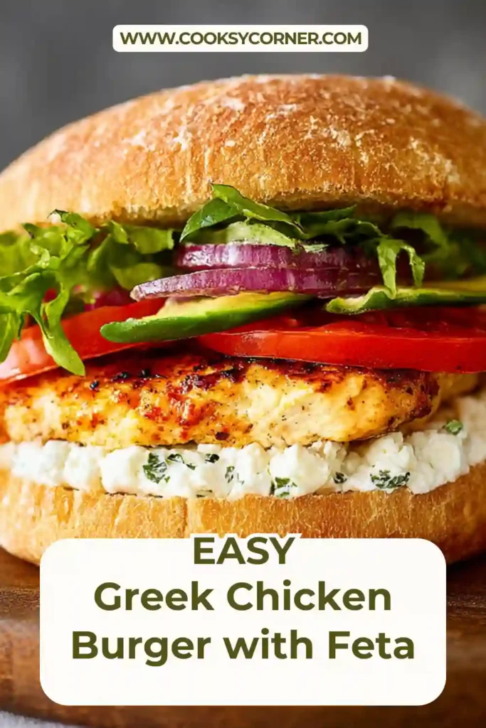 Close-up of Greek chicken burger with avocado, feta spread, and fresh vegetables.