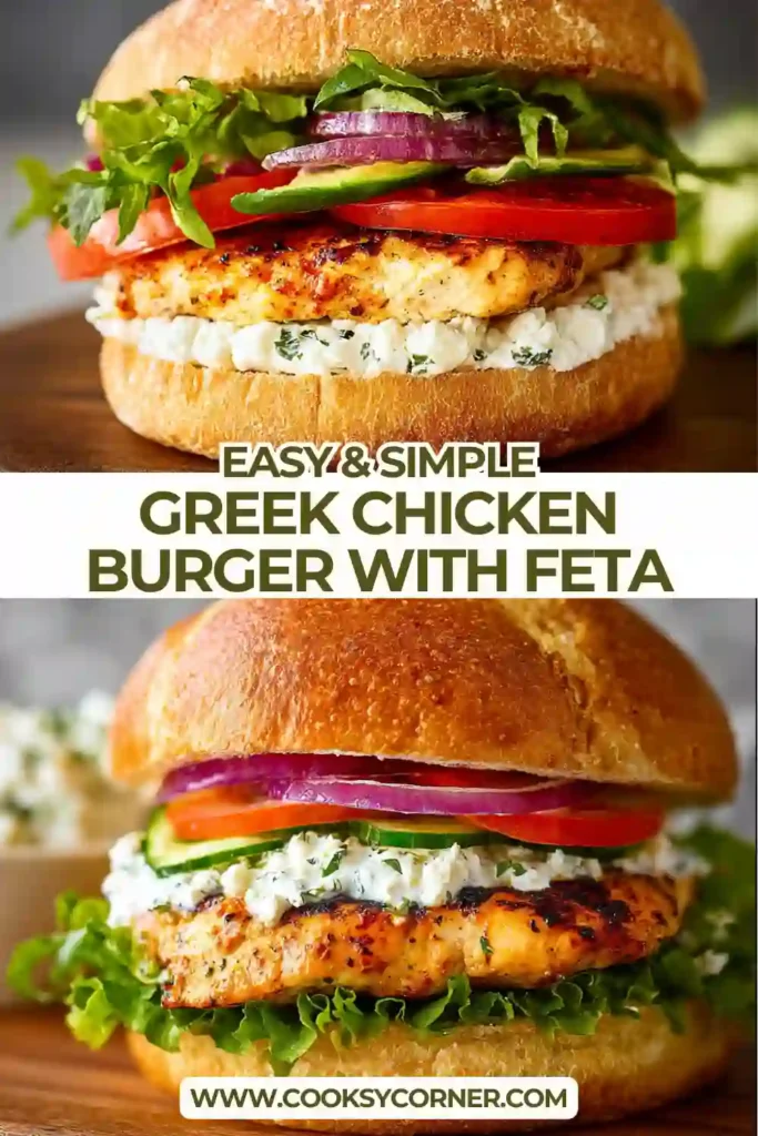 Grilled Greek chicken burger topped with feta and tzatziki sauce.