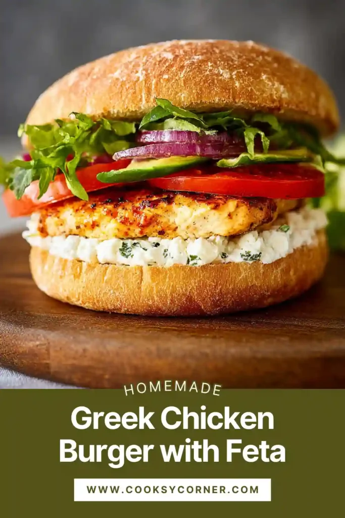 Greek chicken burger with feta spread, grilled chicken, lettuce, tomato, and tzatziki on a toasted bun.