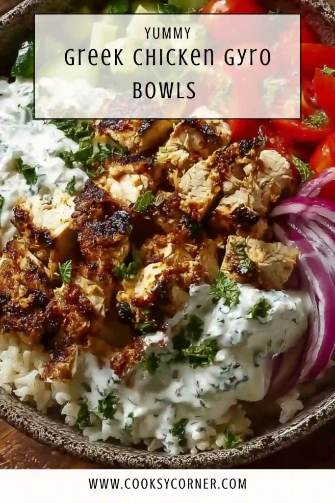 A fresh Greek chicken gyro bowl featuring juicy skillet-cooked chicken, fluffy rice, and vibrant vegetables. Perfect for healthy meals and quick dinners.