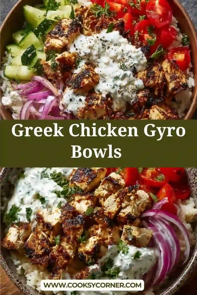 Greek Chicken Gyro Bowls with golden marinated chicken served over rice with cucumbers, tomatoes, olives, and feta cheese. This healthy Mediterranean bowl is colorful and satisfying.