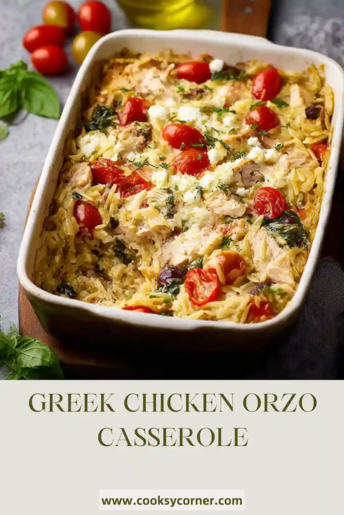 Mediterranean chicken orzo bake served hot.