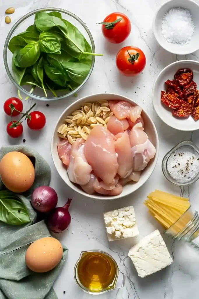 Baked Greek orzo with chicken and spinach.