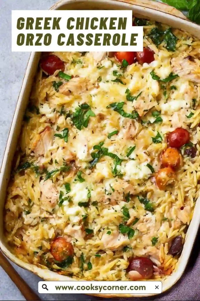 One-pan chicken orzo casserole with creamy feta sauce.