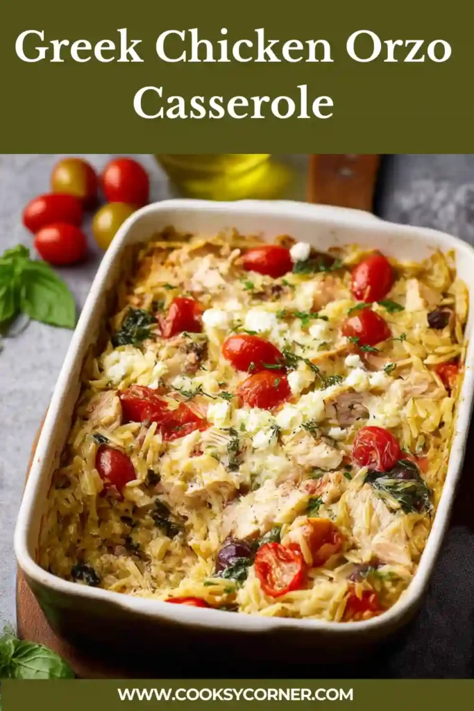 Greek Chicken Orzo Casserole baked with feta and vegetables.