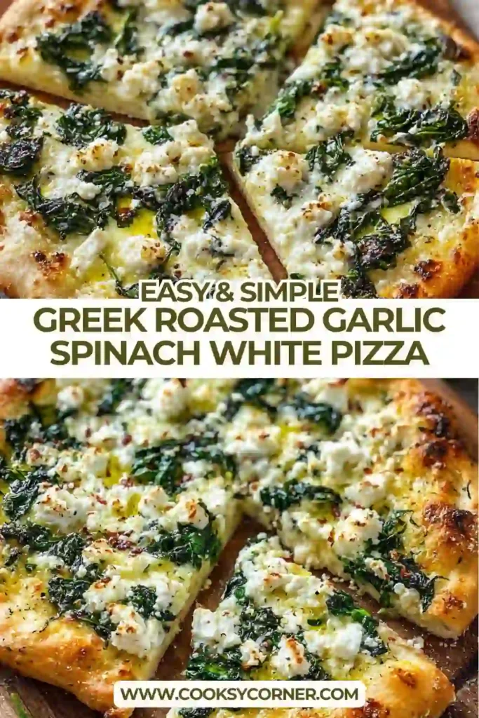 Greek Roasted Garlic Spinach White Pizza topped with ricotta, feta, spinach, and roasted garlic on a golden crust.